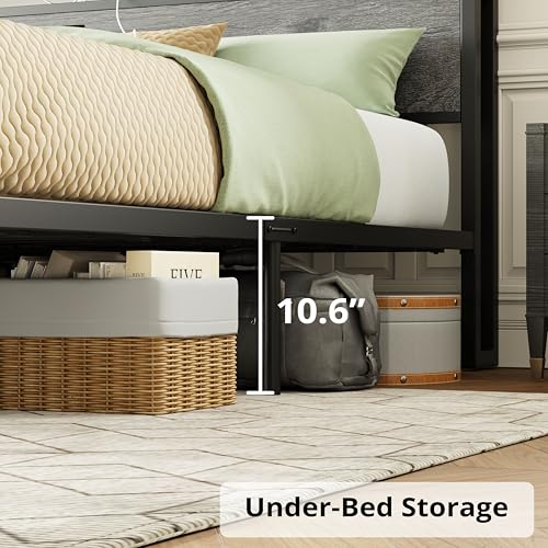 LIKIMIO King Bed Frame with Storage Headboard and Charging Station, Vintage Brown X317