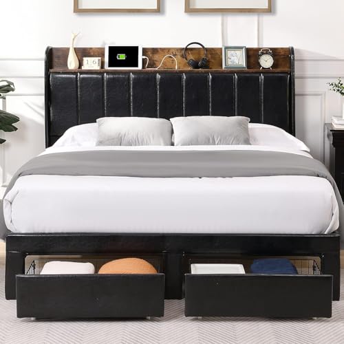 Queen Bed Frame with Headboard & Charging Station, Upholstered, 2 Storage Drawers, White T9445