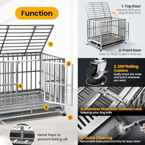 Oranland 48 inch Heavy Duty Dog Crate for Large Dogs, Double Door with Wheels J273901