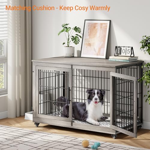 Lulive Dog Crate Furniture for Medium Dogs, 32" Wooden Kennel with Cushion & Wheels, Grey D230281