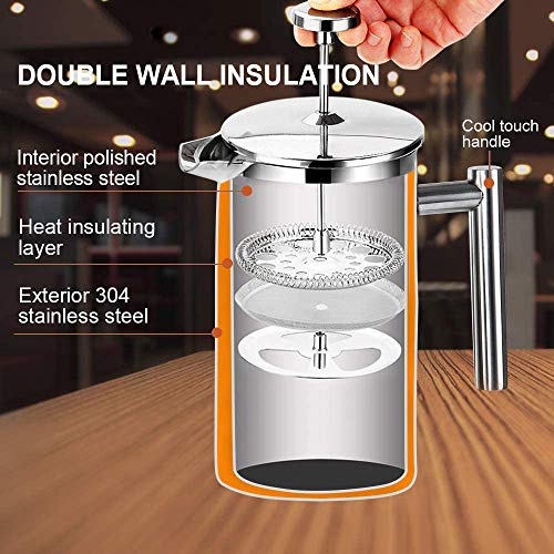 Secura French Press Coffee Maker, 34oz Stainless Steel Insulated, Silver W447
