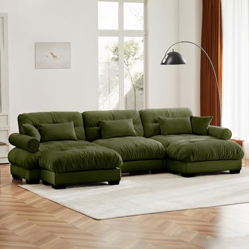 130" Modular Sectional Sofa with Movable Ottoman, Velvet Upholstered, Green Y4976