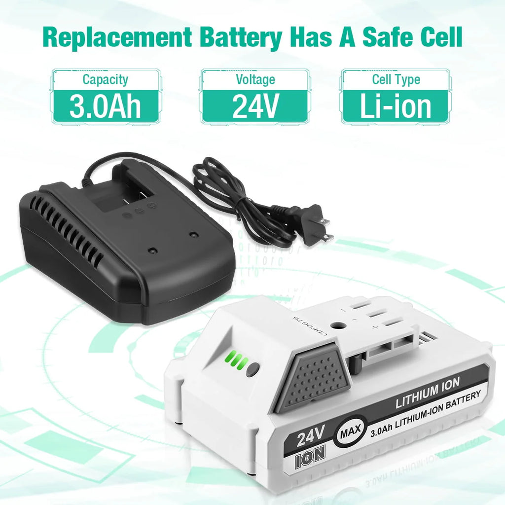 24V 3.0Ah Lithium-ion Battery and Charger for Snow Joe + Sun Joe G887