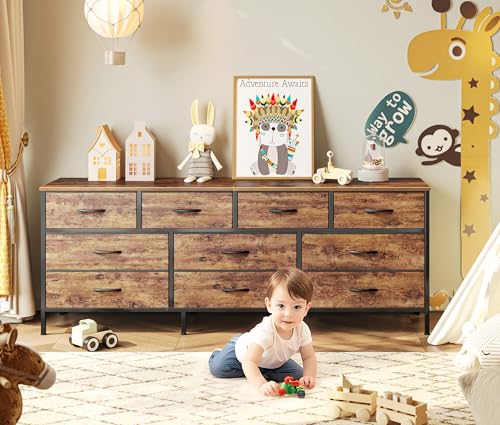 Huuger 63 Inch Dresser with 10 Fabric Drawers, Rustic Brown M836
