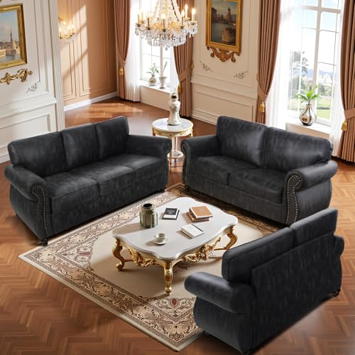 Mid-Century 3-Seater Sofa with Rivet Design, Removable Cover and Solid Wood Frame I150