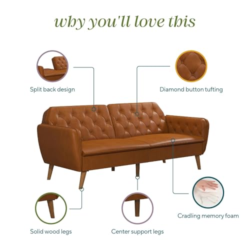 Novogratz Tallulah Memory Foam Futon Convertible Couch, Camel Faux Leather F5939