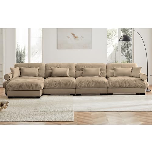 130" Modular Sectional Sofa with Movable Ottoman, Velvet Upholstered, Green Y4976