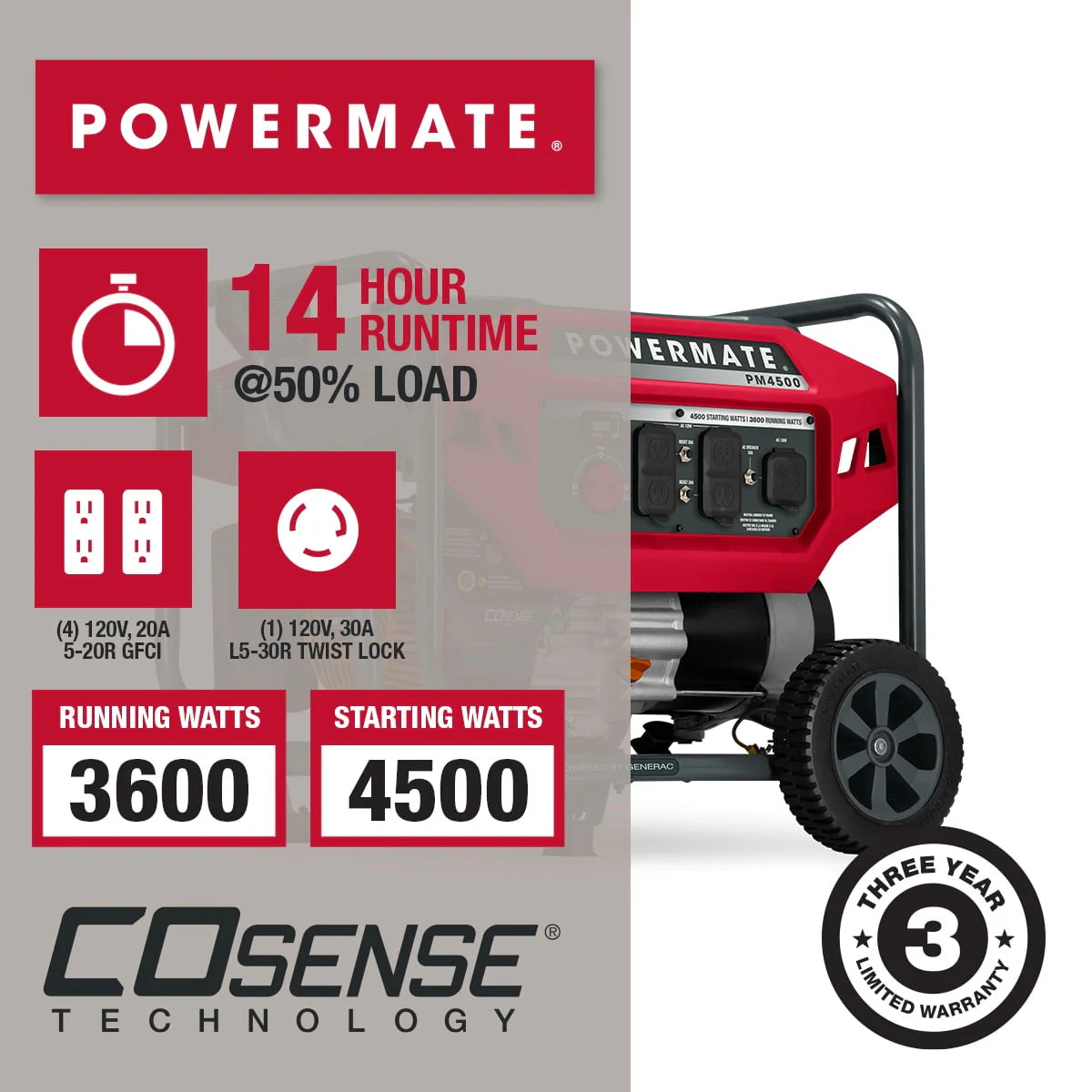 Generac Powermate Portable Inverter Generator, 4500 Watts H720