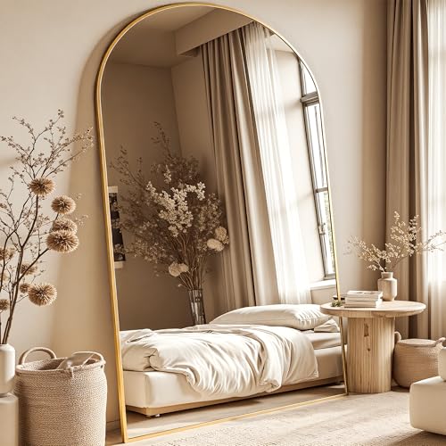 78" Oversized Arched Floor Mirror with Stand, Aluminum Frame, Black N18643