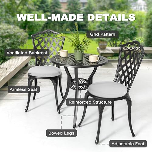 NUU GARDEN 3 Piece Cast Aluminum Bistro Set with Umbrella Hole, Black N80118