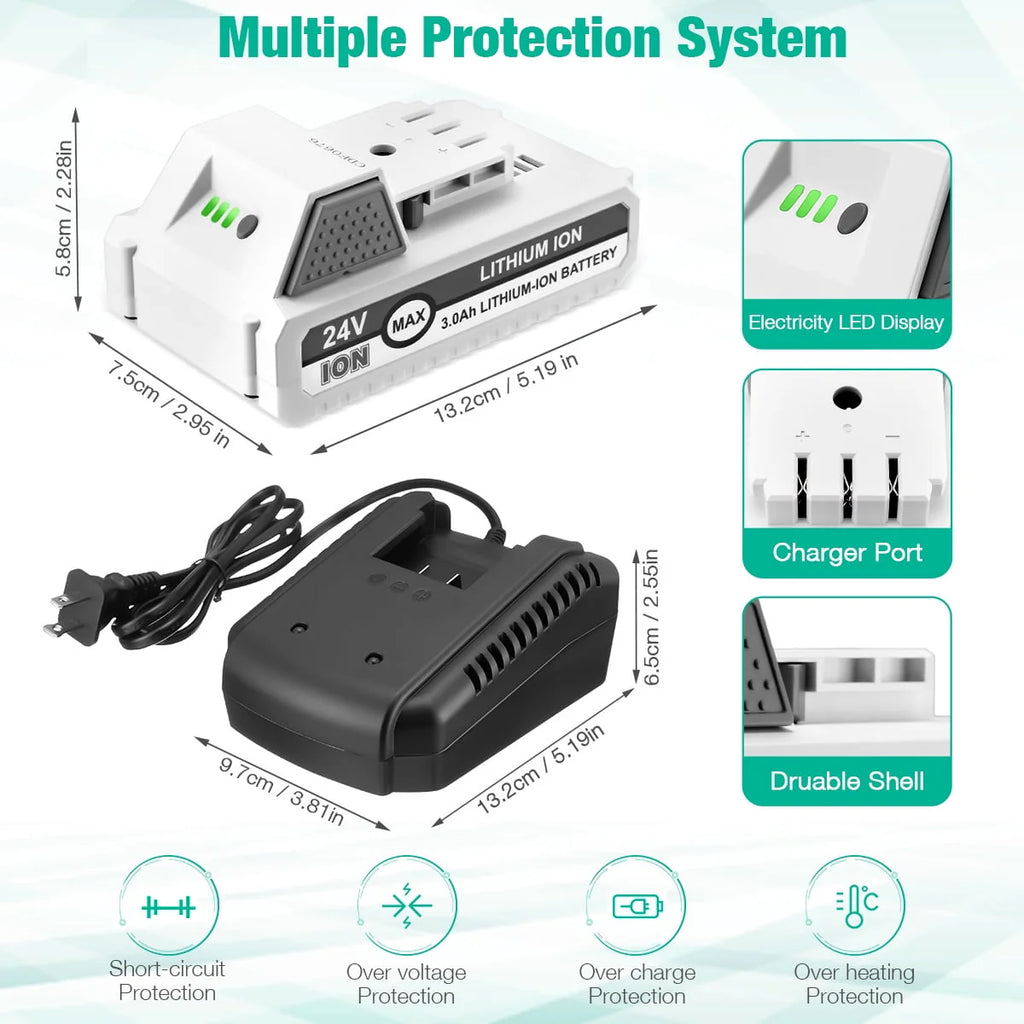 24V 3.0Ah Lithium-ion Battery and Charger for Snow Joe + Sun Joe G887