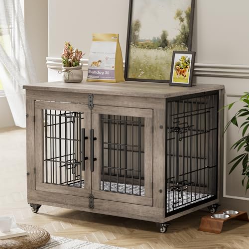 Lulive Dog Crate Furniture for Medium Dogs, 32" Wooden Kennel with Cushion & Wheels, Grey D230281