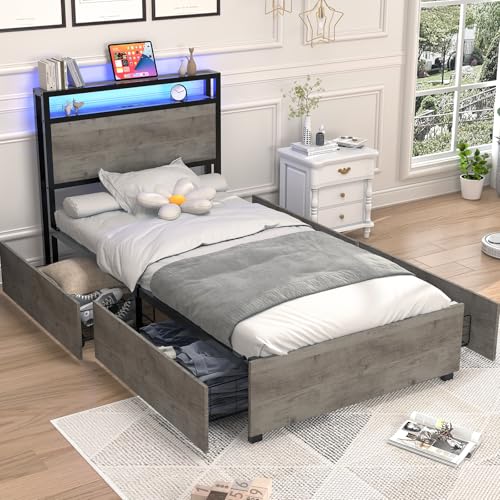 Queen Size Bed Frame with 4 Storage Drawers, LED, Charging Station, Gray L1115