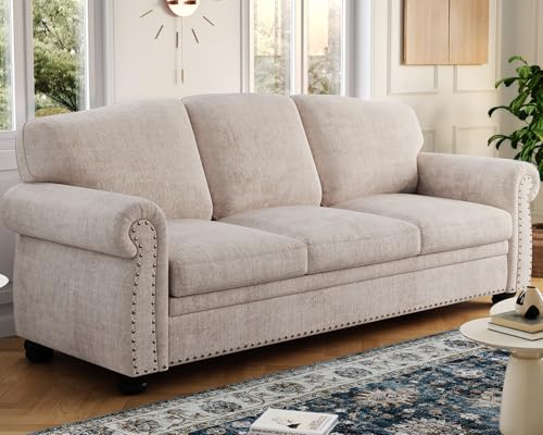 90 Inch Nailhead Trim Chenille Sofa for Living Room, Beige L968714