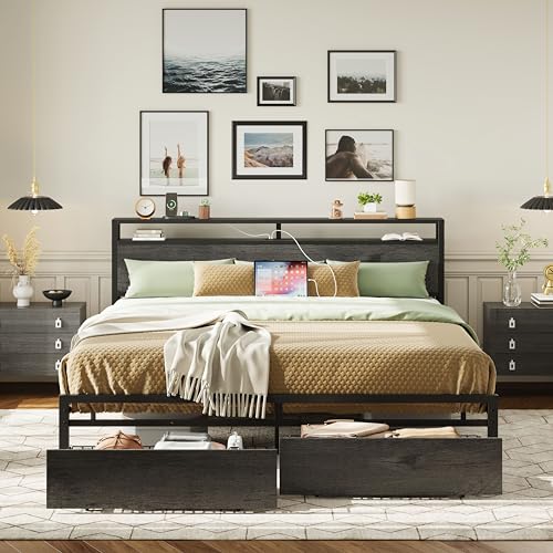 LIKIMIO King Bed Frame with Storage Headboard and Charging Station, Vintage Brown X317