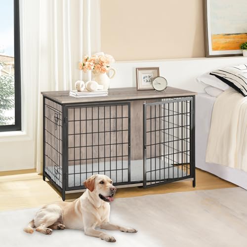 Wooden Dog Crate Furniture with Cushion, Double Doors, Greige X29262