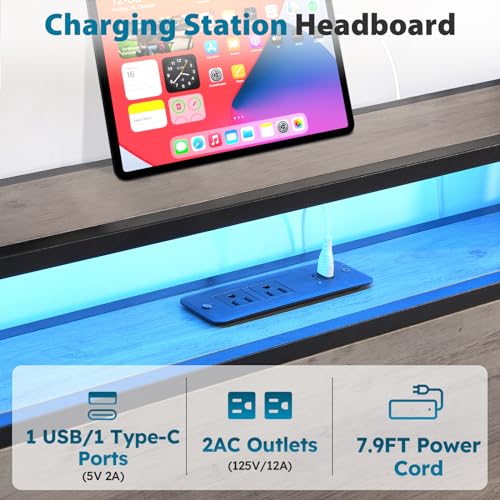 Full Size Bed Frame with Headboard, LED Lights, 4 Storage Drawers, Charging Station, Black C93321