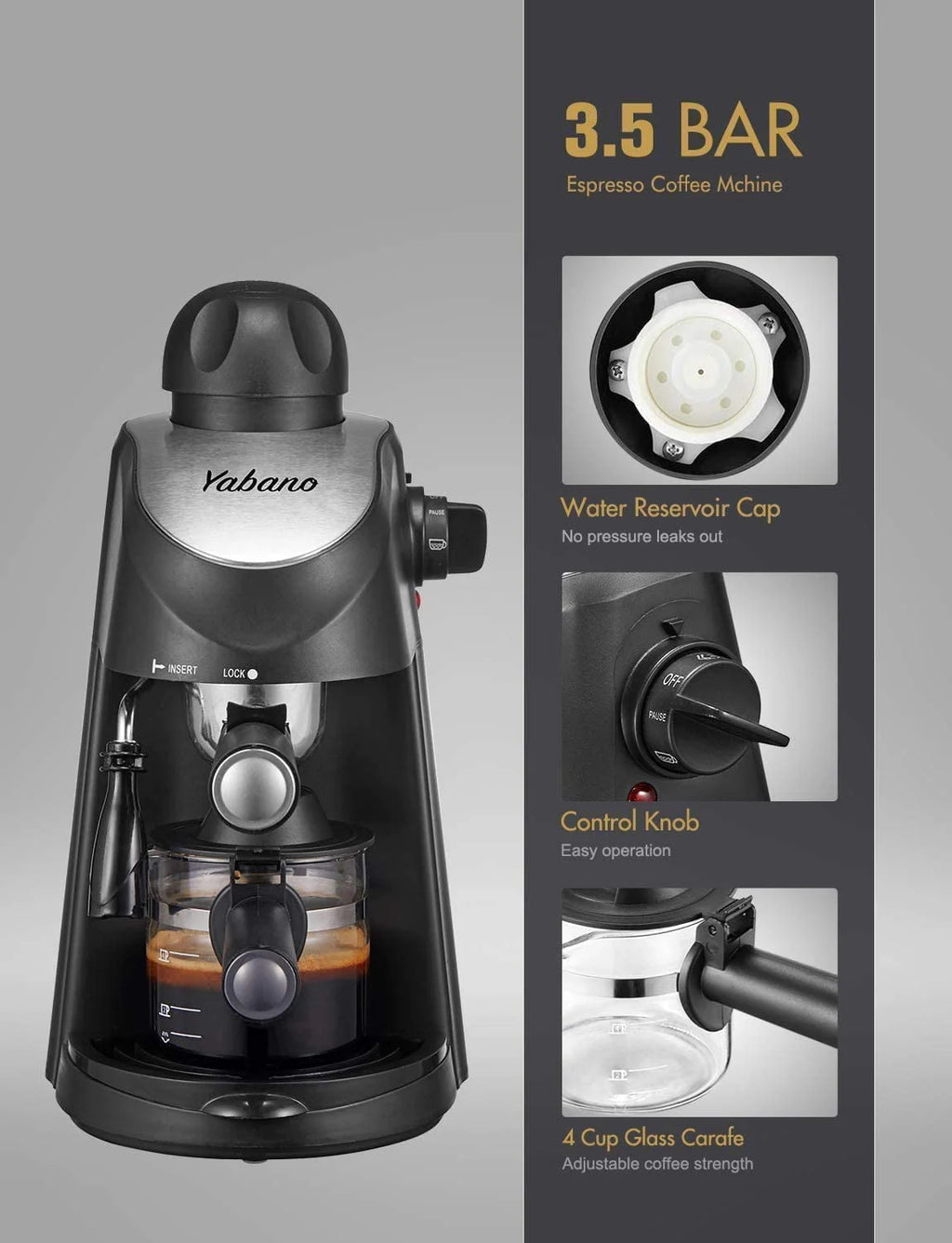 Yabano 3.5 Bar Espresso Machine with Milk Frother, 800W, Black M363
