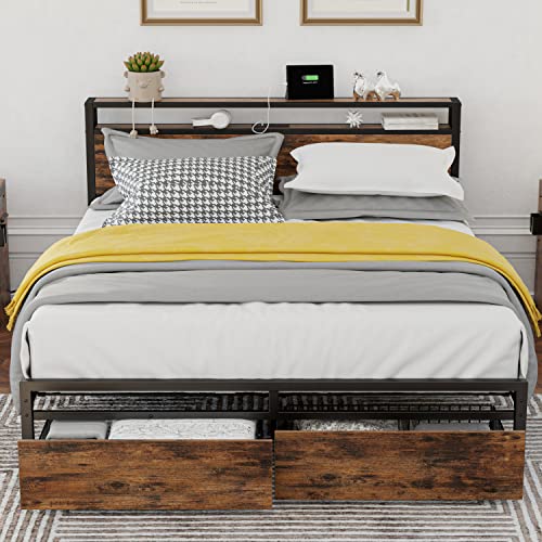 LIKIMIO King Bed Frame with Storage Headboard and Charging Station, Vintage Brown X317