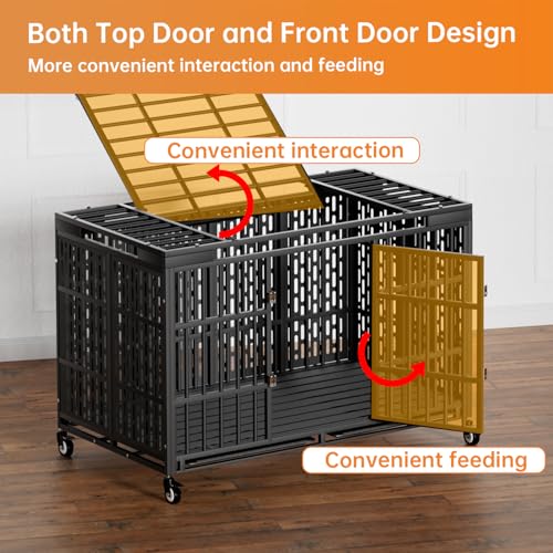 Heavy Duty Dog Crate with Wheels for Large Dogs, Folding Metal Cage with Removable Tray R395