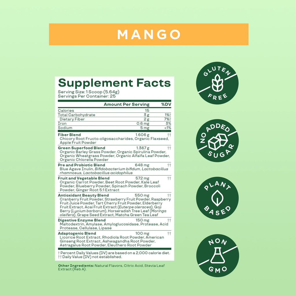 Bloom Nutrition Greens & Superfoods Powder, Mango, 25 Servings S893480