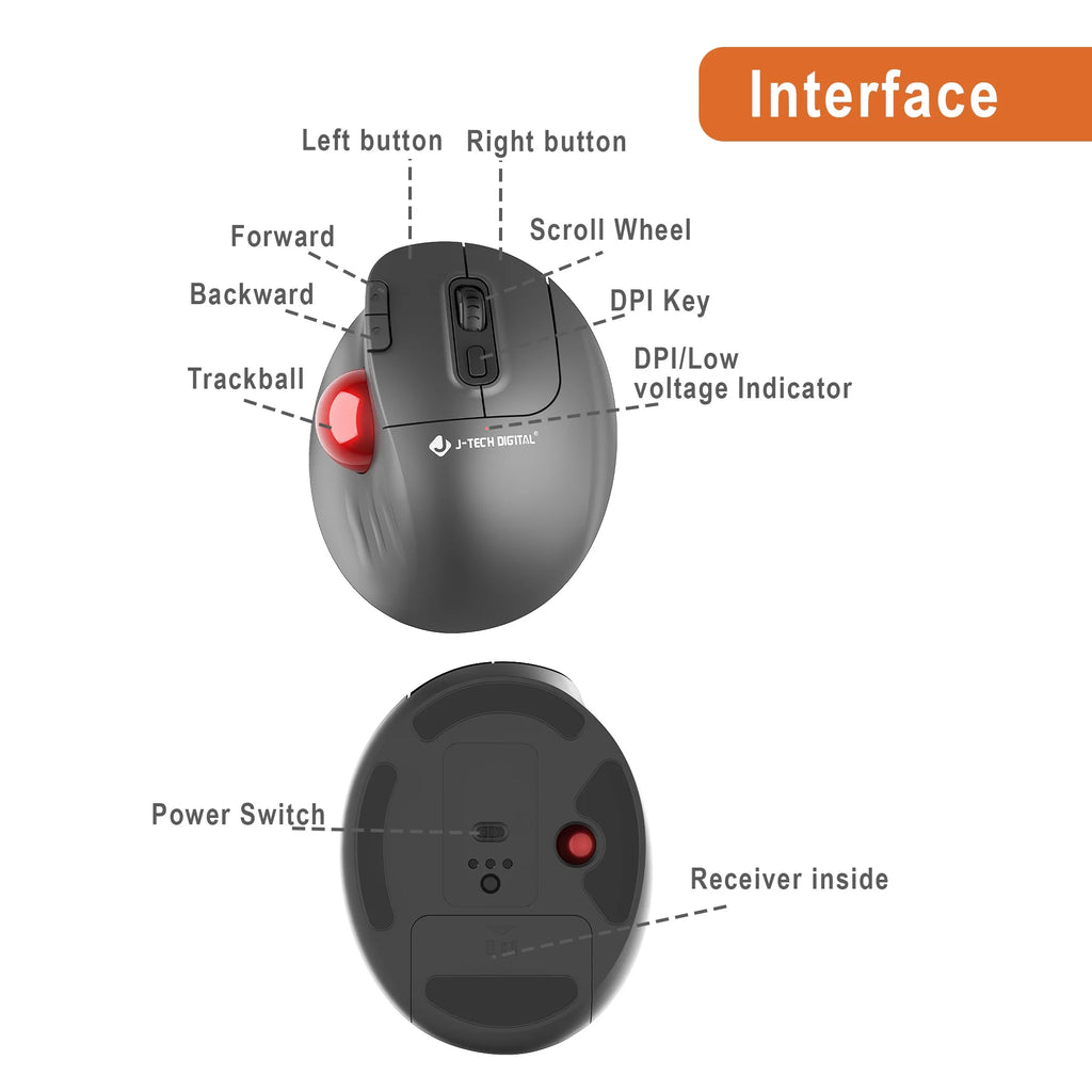 Wireless Ergonomic Trackball Mouse with Thumb Control by J-Tech Digital B856