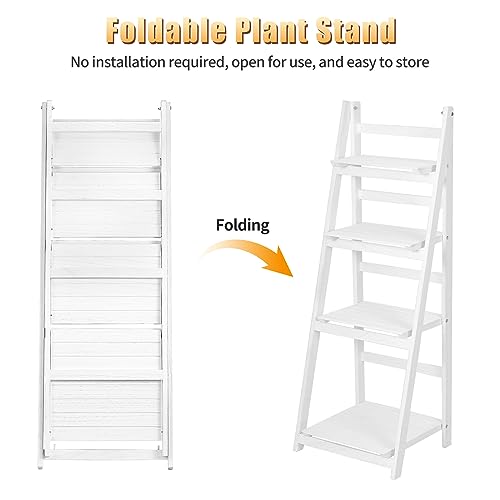 Funkeen Foldable Ladder Shelf Plant Stand for Indoor Outdoor White D80239