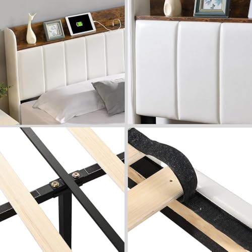Queen Bed Frame with Headboard & Charging Station, Upholstered, 2 Storage Drawers, White T9445