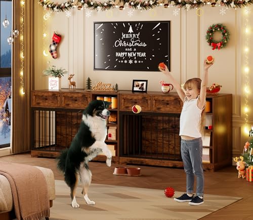 IDEALHOUSE 47" Large Dog Crate Furniture with 2 Drawers, Wooden Kennel for Medium Large Dogs, Black W8906