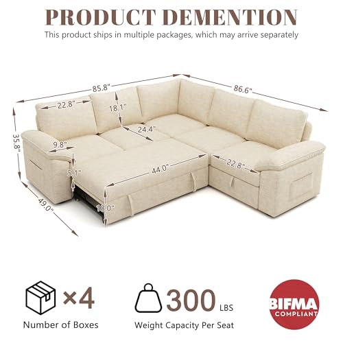 108 Inch U-Shaped Sectional Sleeper Sofa with Pull Out Bed, Dark Grey J60928