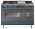 ILVE Nostalgie II 48 Dual Fuel Propane Gas Range in Blue Grey with Brass Trim, UP48FNMPBGGLP