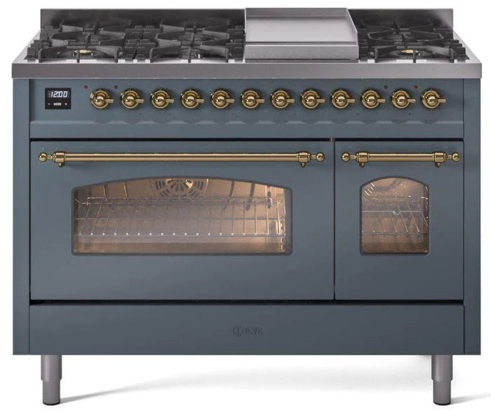 ILVE Nostalgie II 48 Dual Fuel Propane Gas Range in Blue Grey with Brass Trim, UP48FNMPBGGLP