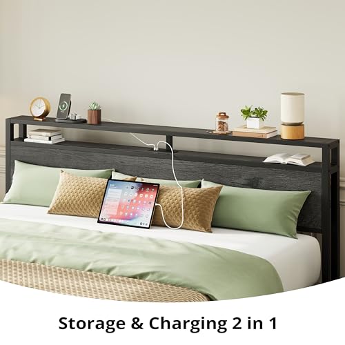 LIKIMIO King Bed Frame with Storage Headboard and Charging Station, Vintage Brown X317