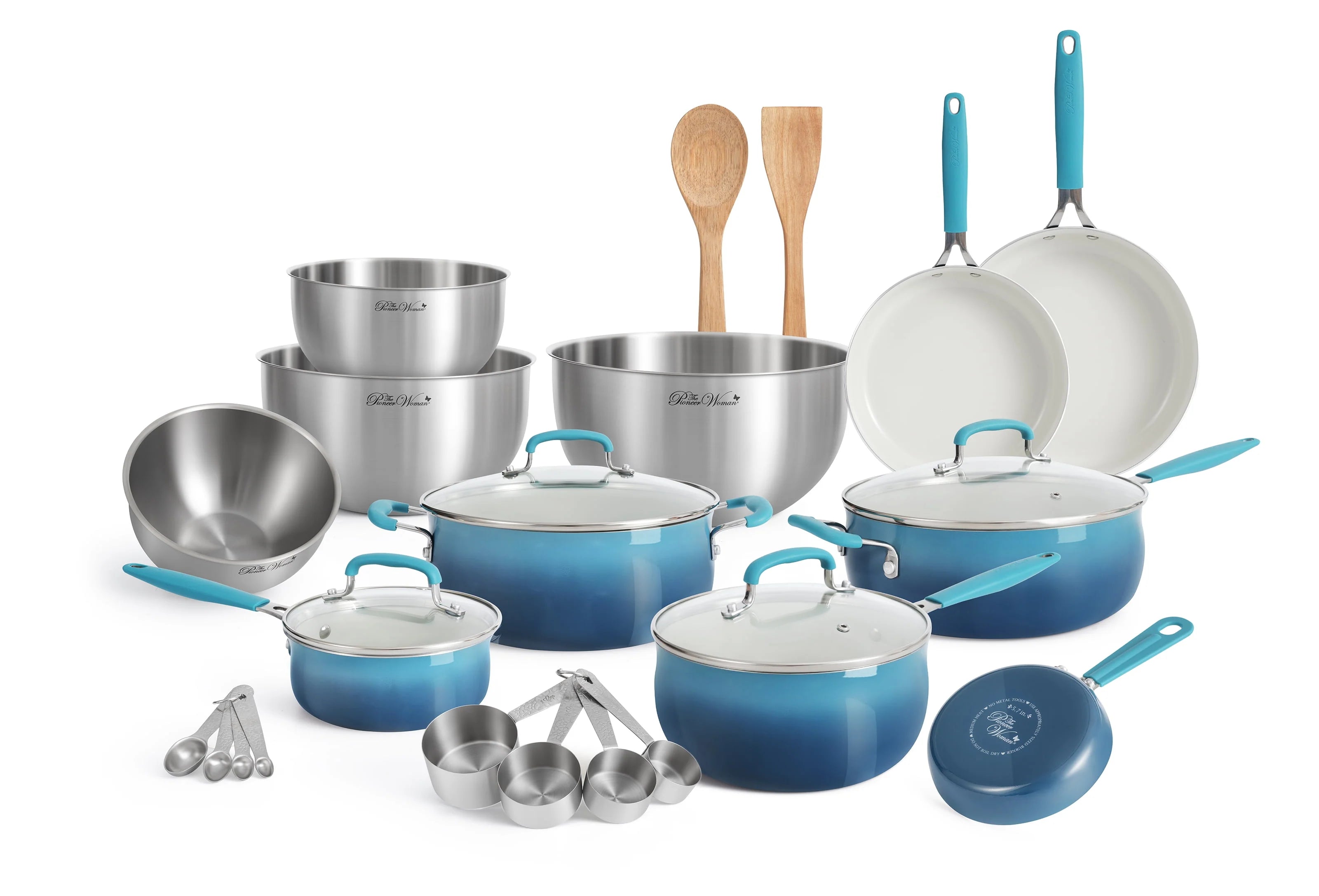 The Pioneer Woman 25 Piece Ceramic Nonstick Cookware Set, Ombre Teal T370