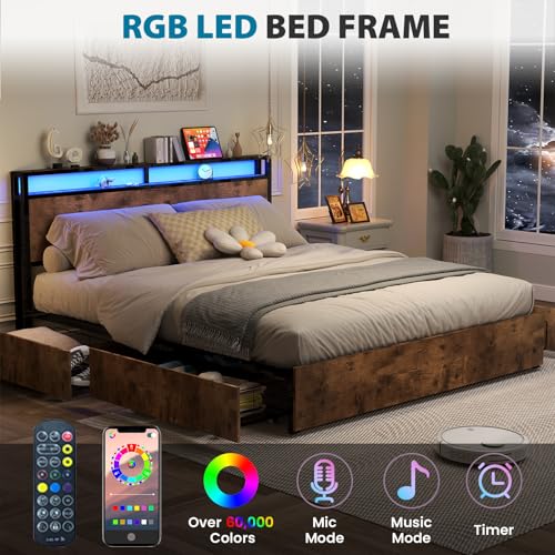 Queen Size Bed Frame with 4 Storage Drawers, LED, Charging Station, Gray L1115