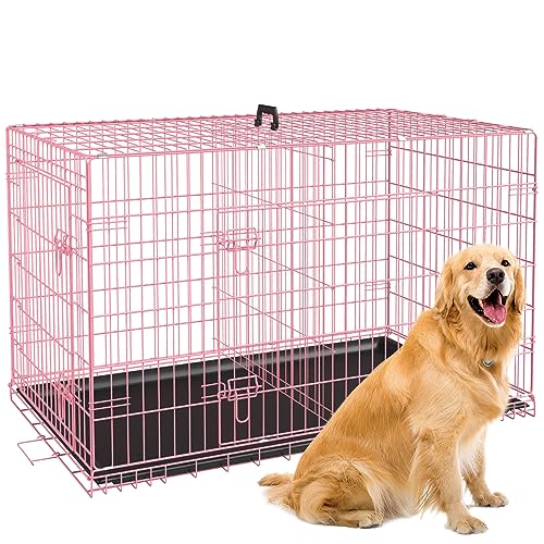 BestPet 42 Inch Folding Metal Wire Dog Crate with Double-Door and Removable Tray O49217