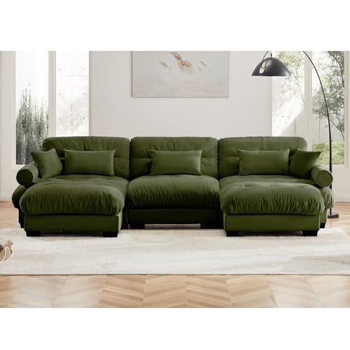 130" Modular Sectional Sofa with Movable Ottoman, Velvet Upholstered, Green Y4976