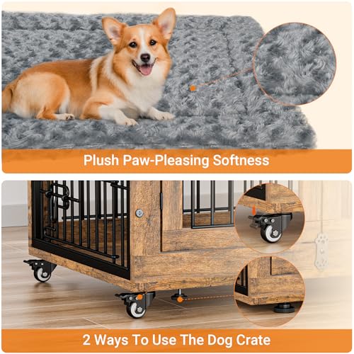 Lulive Dog Crate Furniture for Medium Dogs, 32" Wooden Kennel with Cushion & Wheels, Grey D230281