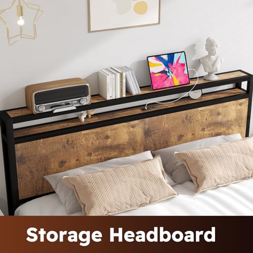Queen Size Bed Frame with 4 Storage Drawers, LED, Charging Station, Gray L1115