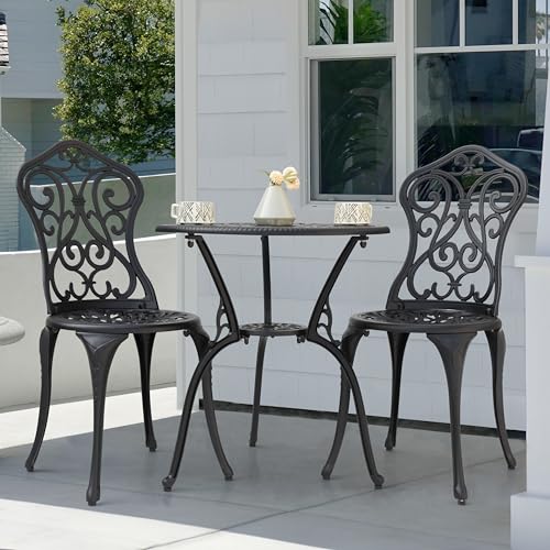 NUU GARDEN 3 Piece Cast Aluminum Bistro Set with Umbrella Hole, Black N80118