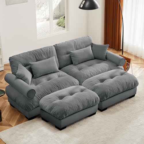 130" Modular Sectional Sofa with Movable Ottoman, Velvet Upholstered, Green Y4976
