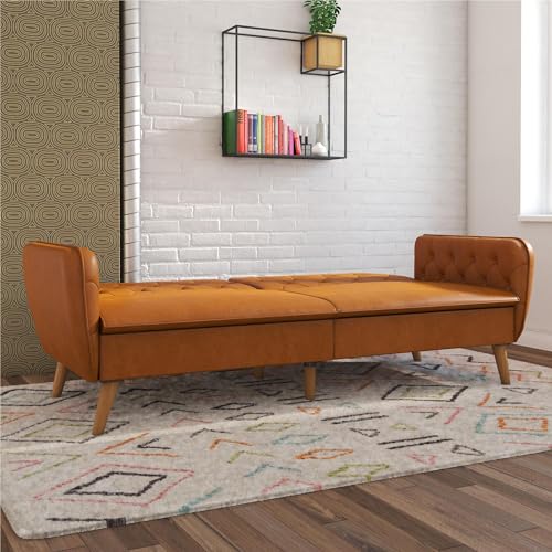 Novogratz Tallulah Memory Foam Futon Convertible Couch, Camel Faux Leather F5939
