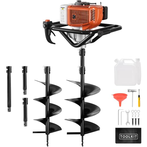 Post Hole Digger, 62cc Auger Post Hole Digger, Gas Powered Earth Digger with 2 Auger Drill Bits(6" & 8") + 3 Extension Rods, for Farmland, Garden and Plant (62CC)