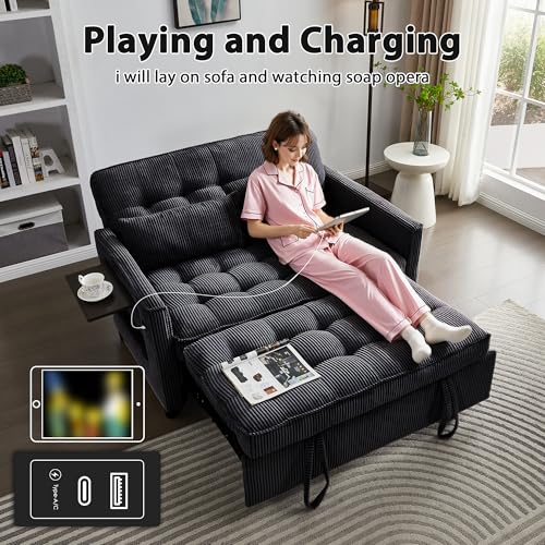 Corduroy Sleeper Sofa Bed with USB Port and Side Pockets, Beige I998