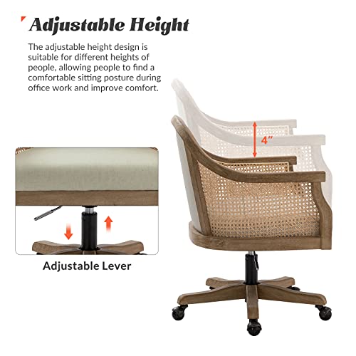 HULALA HOME Rattan Desk Chair, Upholstered Swivel Office Chair with Armrest, Ivory Z2505