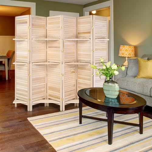 Bonnlo 6 Panel Wood Room Divider with Shelves, 6 FT Folding Privacy Screen T6528