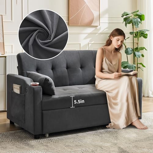 GarveeHome 3 in 1 Convertible Sleeper Sofa Bed with Pull-Out Bed, Corduroy, Adjustable Backrest U28127