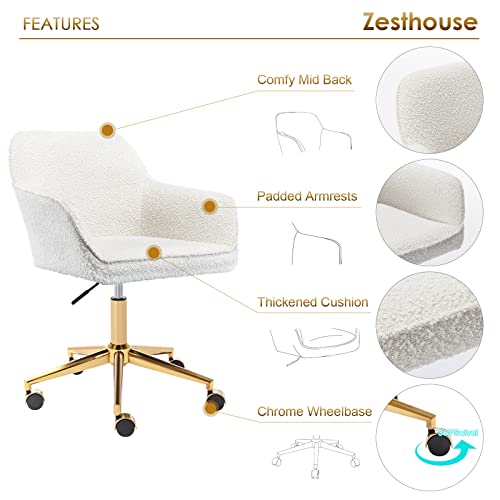 Zesthouse Modern Desk Chair with Wheels, White Swivel Vanity Chair, Boucle Upholstered, Height Adjustable I294