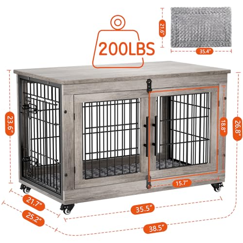 Lulive Dog Crate Furniture for Medium Dogs, 32" Wooden Kennel with Cushion & Wheels, Grey D230281