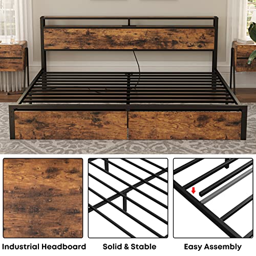 LIKIMIO King Bed Frame with Storage Headboard and Charging Station, Vintage Brown X317
